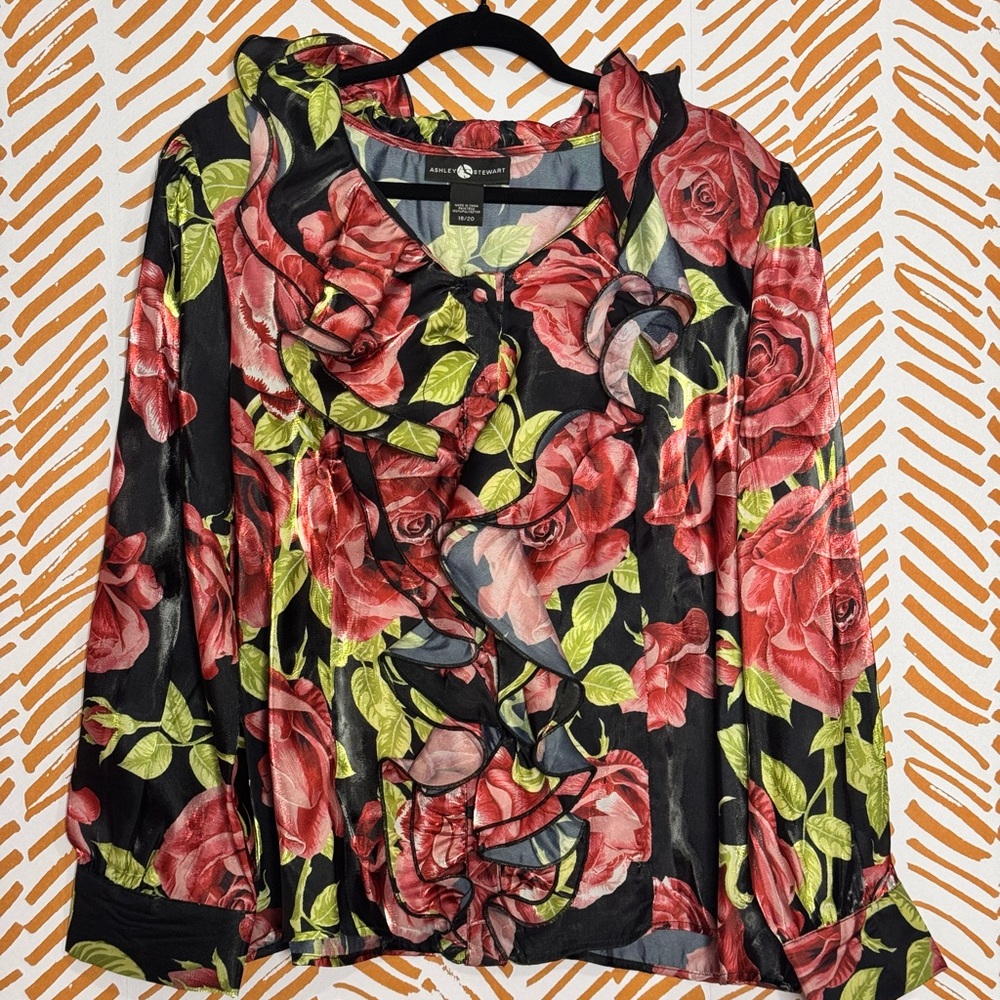 Ashley Stewart Black and Red Floral Blouse